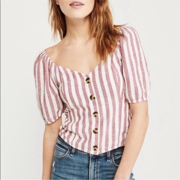 Abercrombie and Fitch Linen Blend Striped Button Top Red Size S - Picture 1 of 11